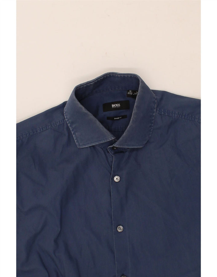 HUGO BOSS Mens Sharp Fit Shirt Size 16 Large Navy Blue Cotton Vintage Hugo Boss and Second-Hand Hugo Boss from Messina Hembry 