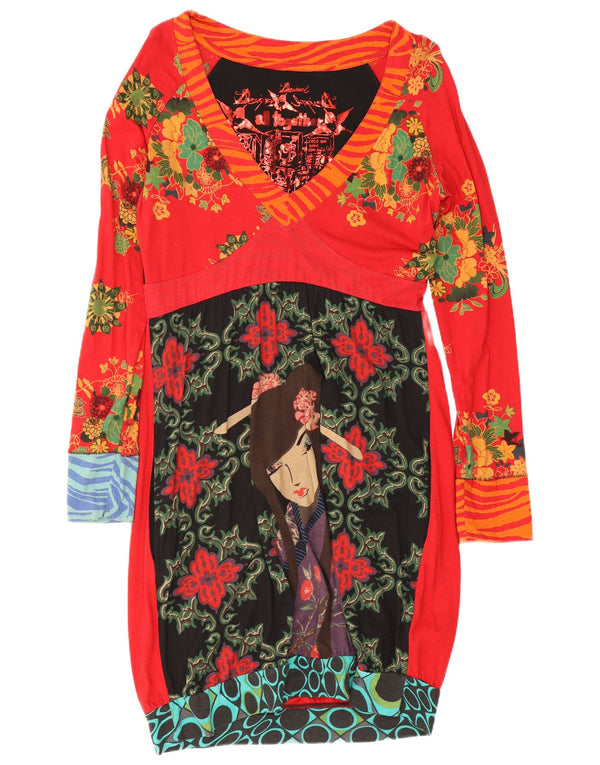 Женское платье Desigual с длинными рукавами и рисунком, Великобритания, 18 XL, красное хлопковое платье с цветочным принтом