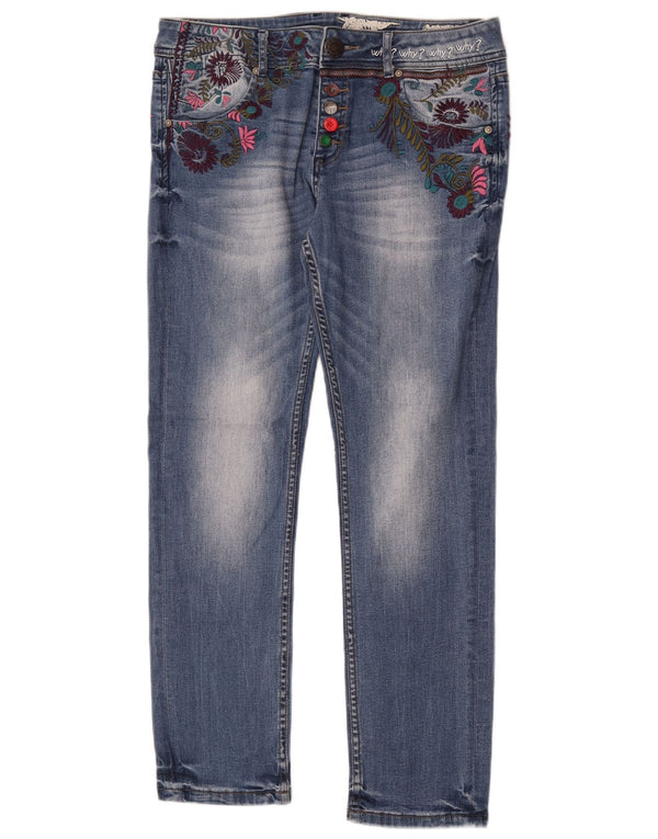 Женские узкие джинсы с заниженной талией Desigual W30 L30, синий хлопок с цветочным принтом