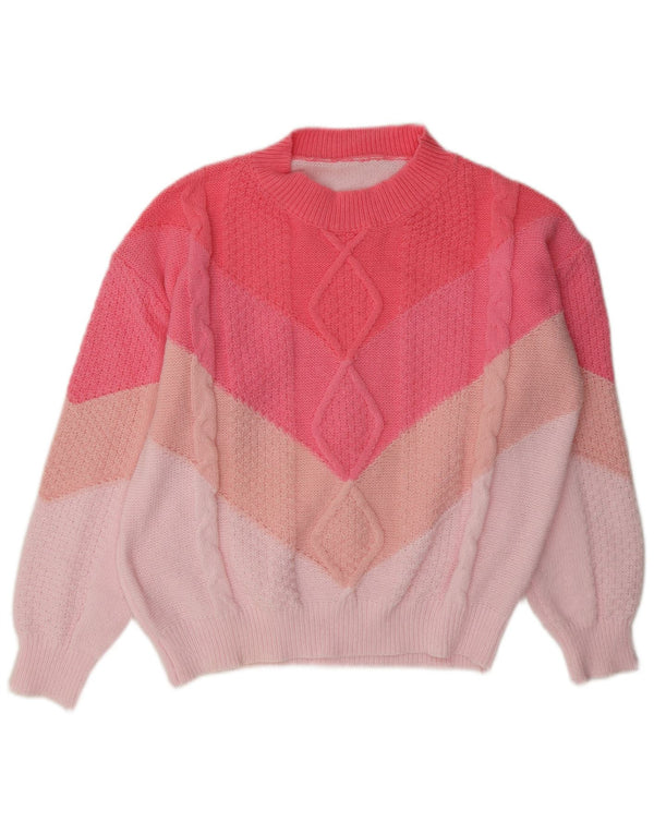Vintage Womens Crew Neck Jumper Sweater UK 14 Large Pink Colourblock