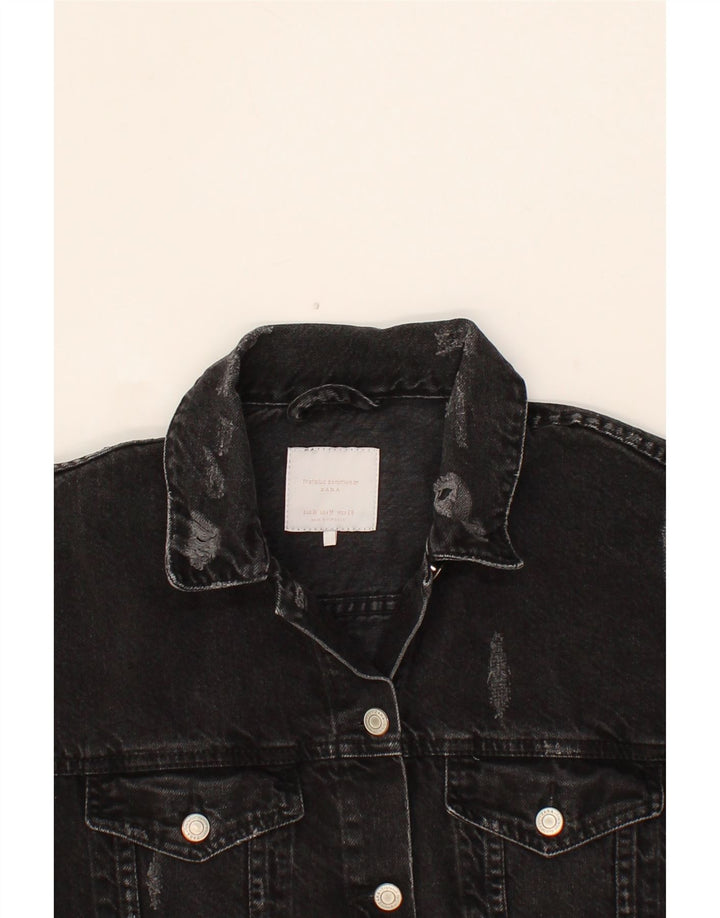 ZARA Womens Distressed Denim Coat UK 14 Medium Black Cotton Vintage Zara and Second-Hand Zara from Messina Hembry 