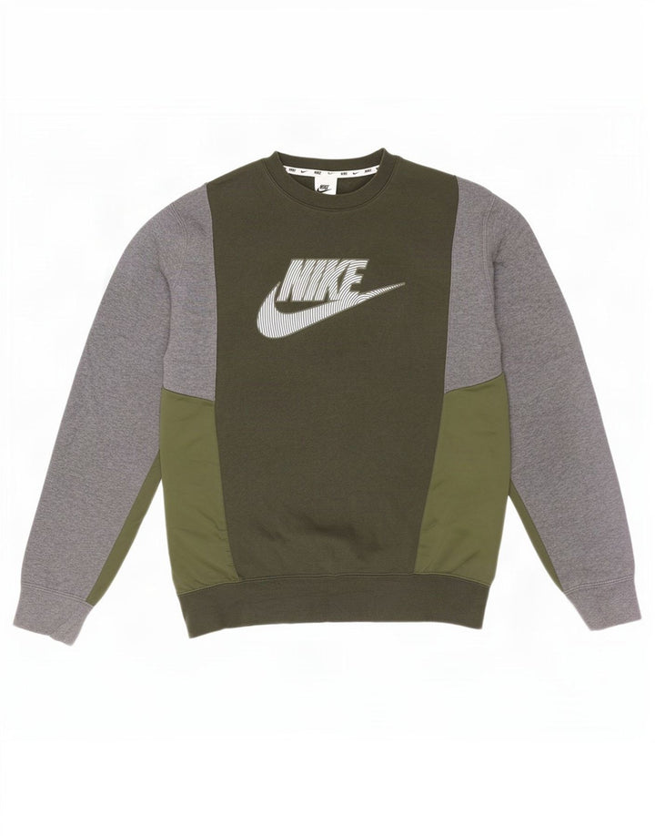 Мужской свитшот с графическим рисунком Nike, хлопковый джемпер среднего цвета хаки с цветными блоками
