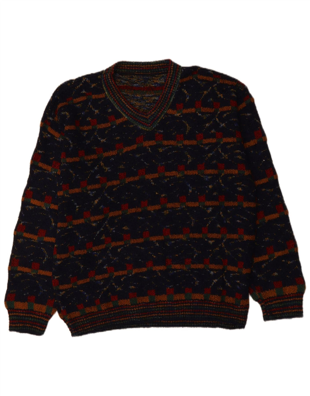 ВИНТАЖНЫЙ мужской джемпер с v-образным вырезом, свитер XL, темно-синий, шерсть с геометрическим рисунком