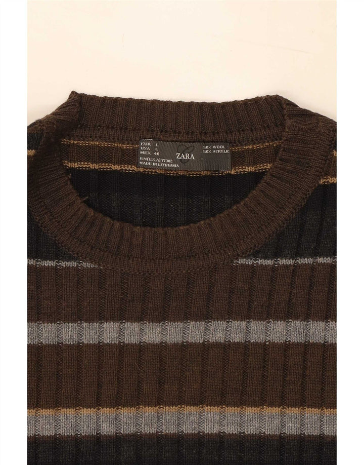 Мужской джемпер с круглым вырезом Zara, большой шерстяной коричневый полосатый свитер