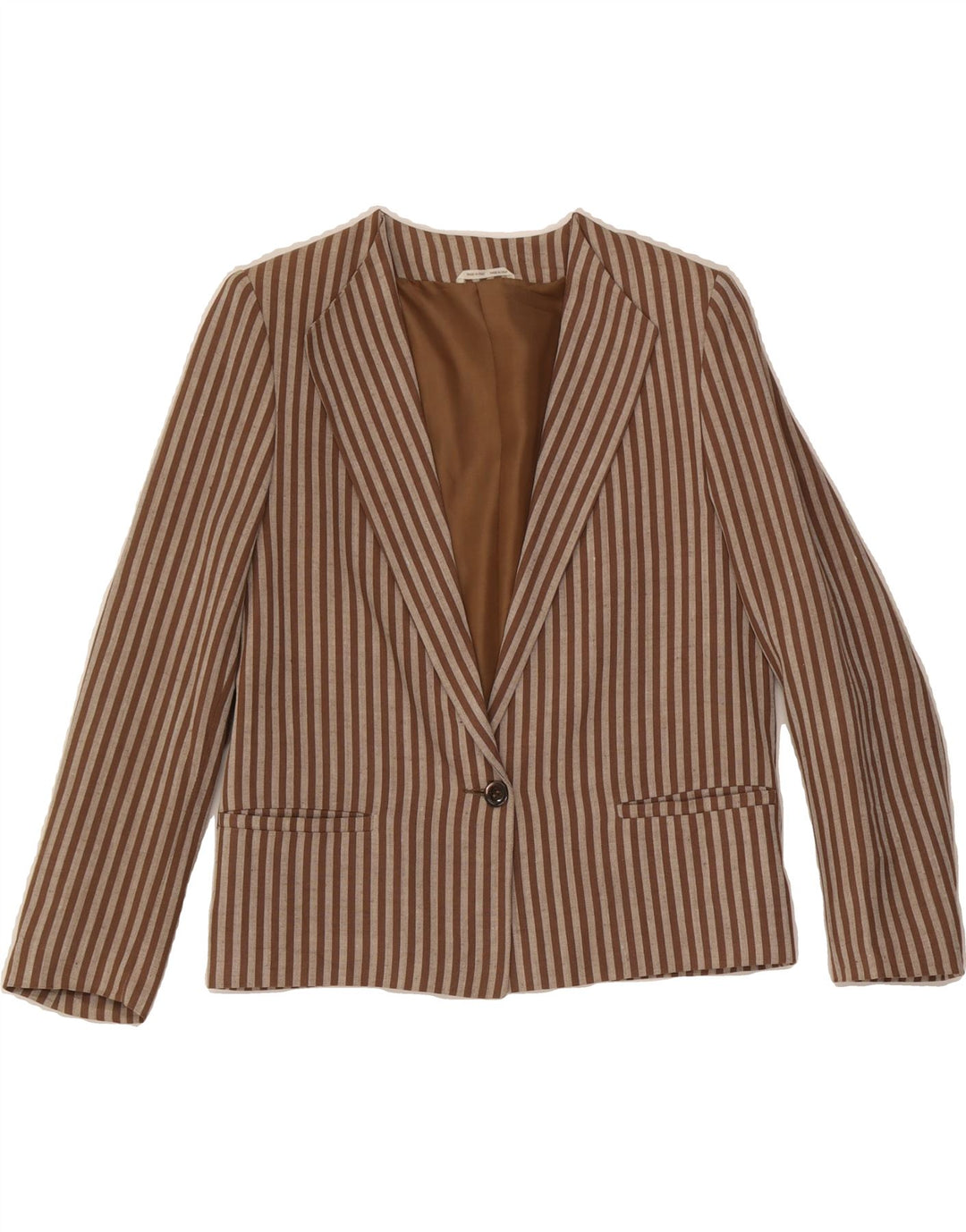 VINTAGE Womens 1 Button Blazer Jacket UK 12 Medium Brown Striped Viscose Vintage Vintage and Second-Hand Vintage from Messina Hembry 