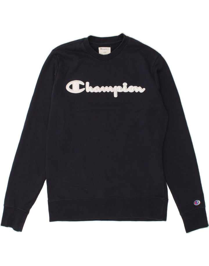 CHAMPION Mens Graphic Sweatshirt Jumper Small Navy Blue Cotton Vintage Champion and Second-Hand Champion from Messina Hembry 