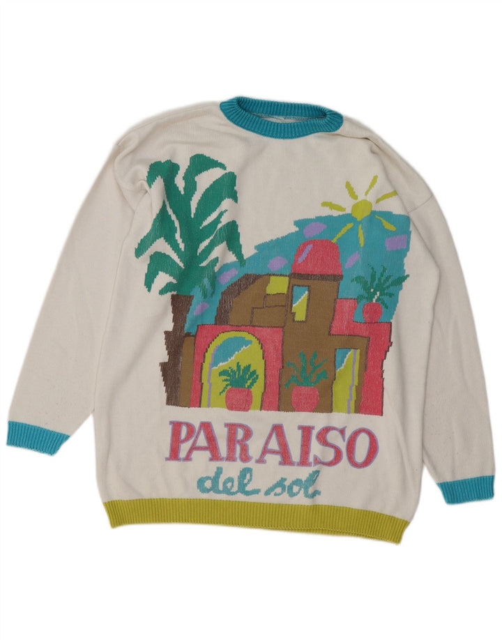 ВИНТАЖНЫЙ женский джемпер с круглым вырезом, Великобритания, 16, большой белый цвет с цветными блоками