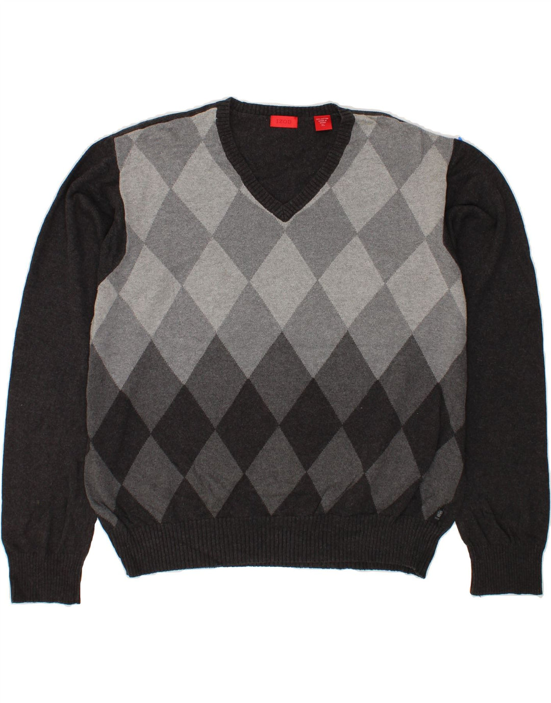 IZOD Mens V-Neck Jumper Sweater XL Grey Argyle/Diamond Cotton Vintage Izod and Second-Hand Izod from Messina Hembry 