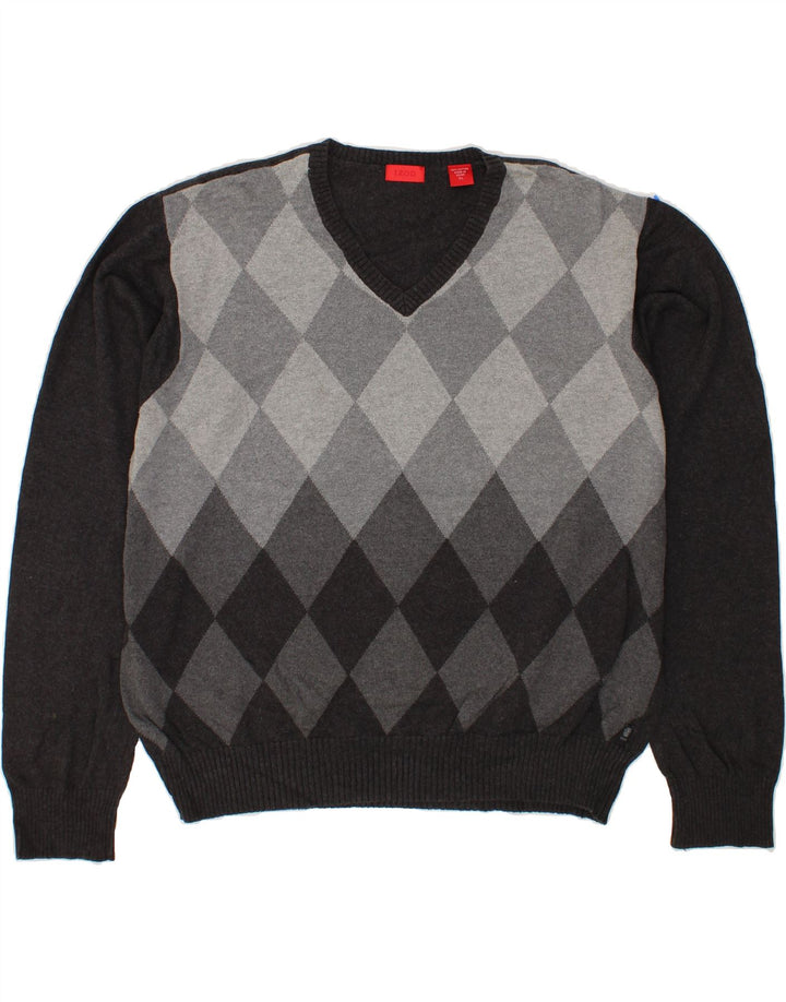 IZOD Mens V-Neck Jumper Sweater XL Grey Argyle/Diamond Cotton Vintage Izod and Second-Hand Izod from Messina Hembry 