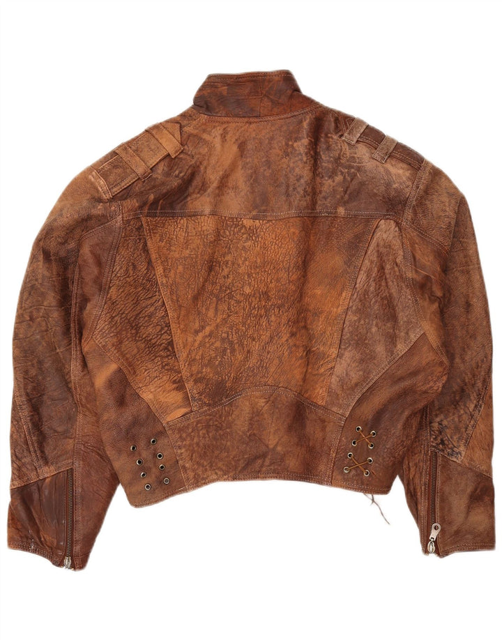 Винтажная женская укороченная кожаная куртка UK 16, большая коричневая