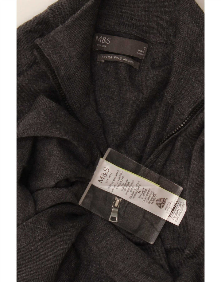 Мужской джемпер с воротником на молнии Marks & Spencer, маленький серый из шерсти мериноса