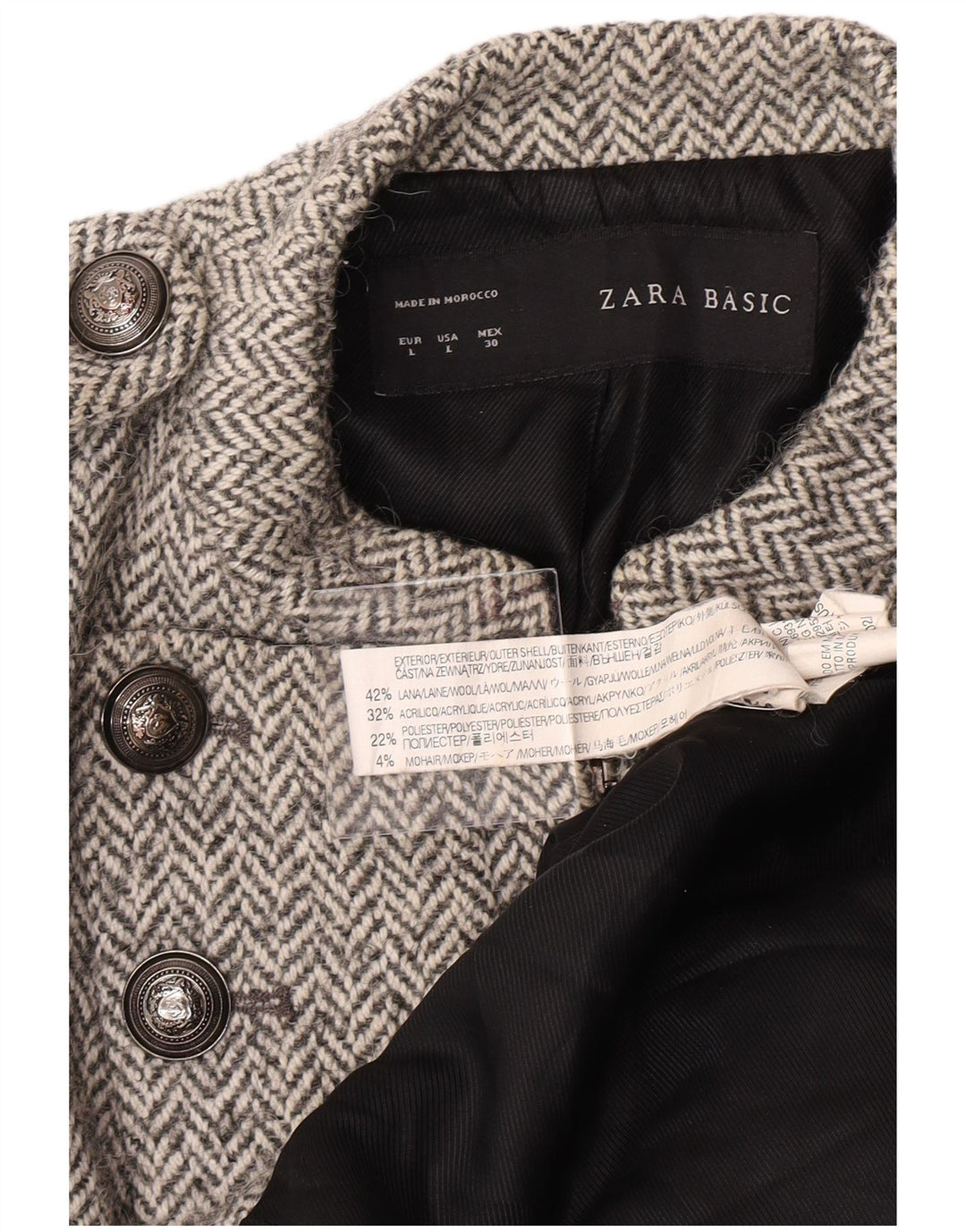 Женское пальто в стиле милитари Zara UK 14, большое серое, с узором «в ёлочку», шерстяное
