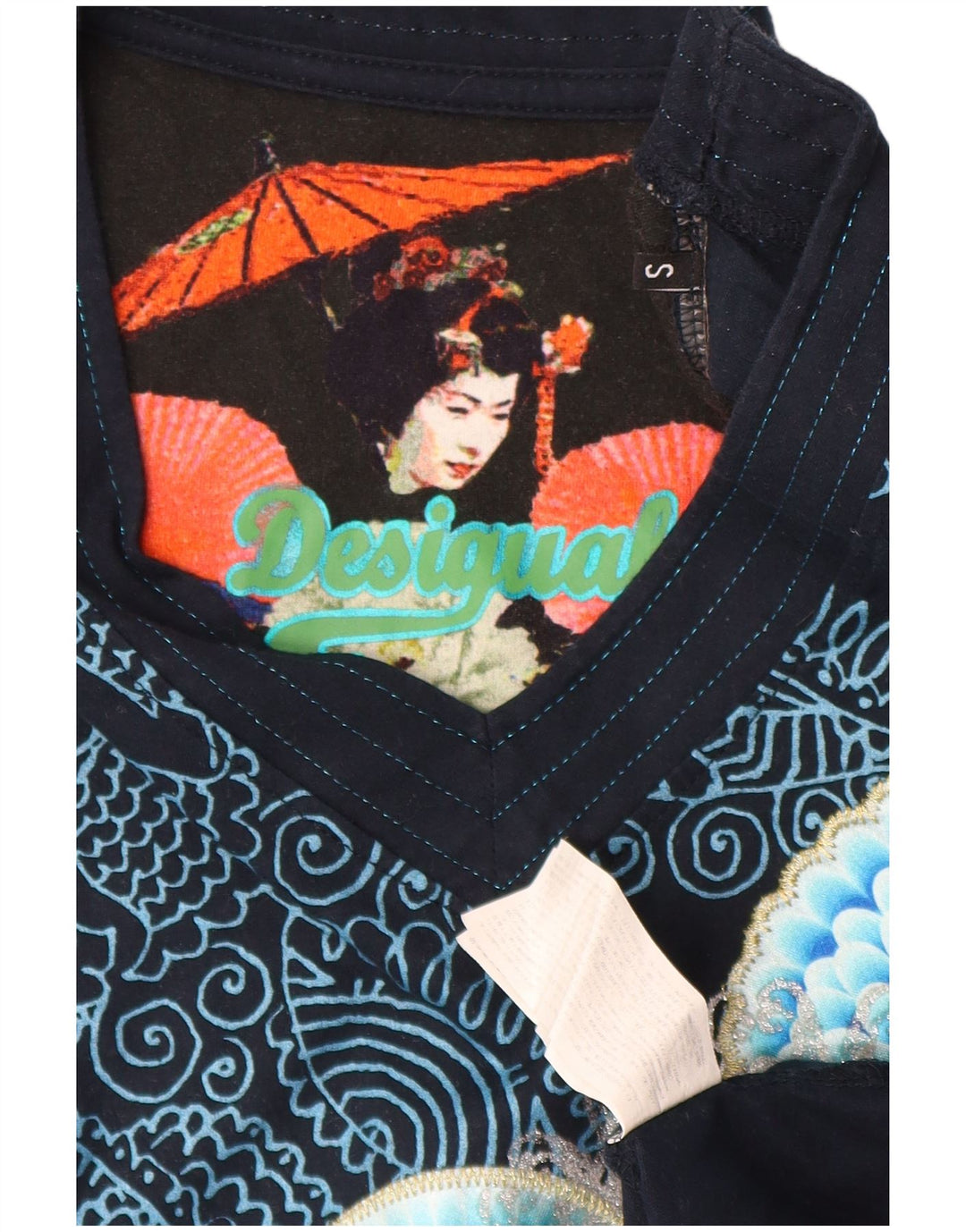 Женский топ с рисунком Desigual с длинным рукавом UK 10, маленький, темно-синий