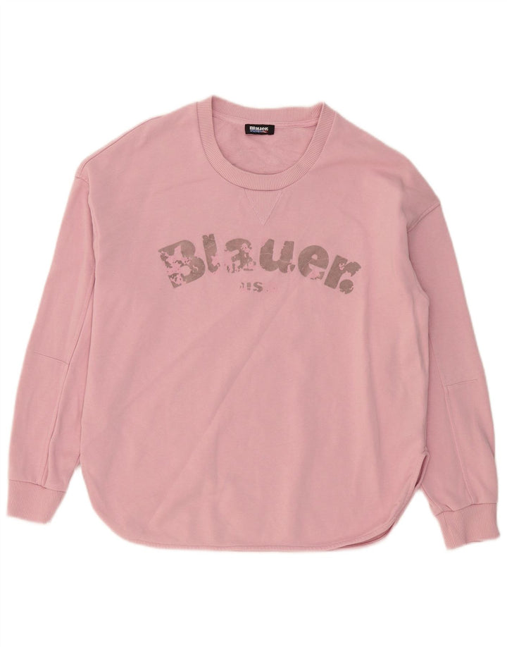 BLAUER Womens Graphic Oversized Sweatshirt Jumper UK 10 Small Pink Cotton