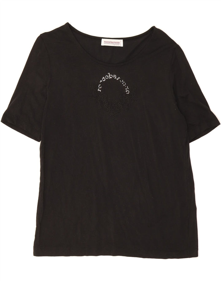 ROCCOBAROCCO Womens Graphic T-Shirt Top IT 46 Large Black Rayon Vintage Roccobarocco and Second-Hand Roccobarocco from Messina Hembry 
