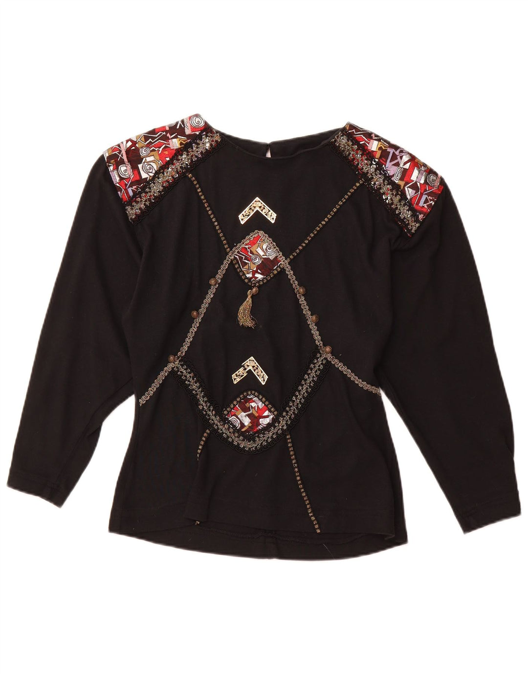 ВИНТАЖНАЯ женская блузка с длинными рукавами и графикой, топ UK 12, средний черный акрил