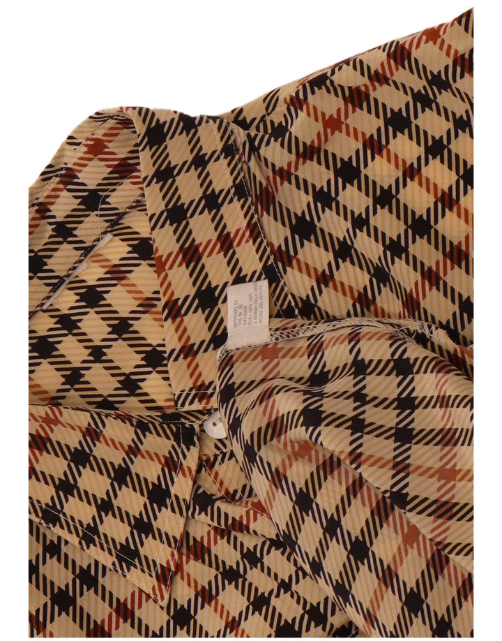 Винтажная женская рубашка с коротким рукавом UK 18 XL Коричневая шелковая с узором "гусиные лапки"