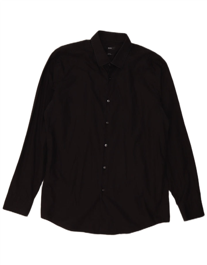 Мужская рубашка приталенного кроя HUGO BOSS, размер 43, 17 XL, черный хлопок