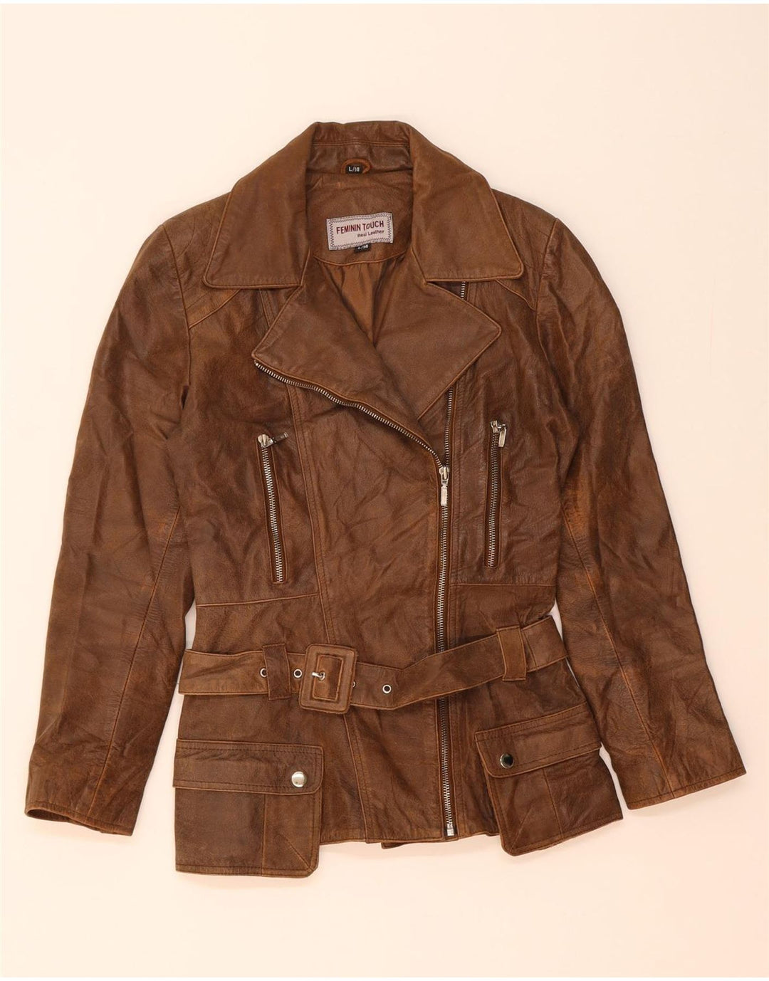 FEMININ TOUCH Womens Leather Biker Jacket UK 14 Large Brown Leather