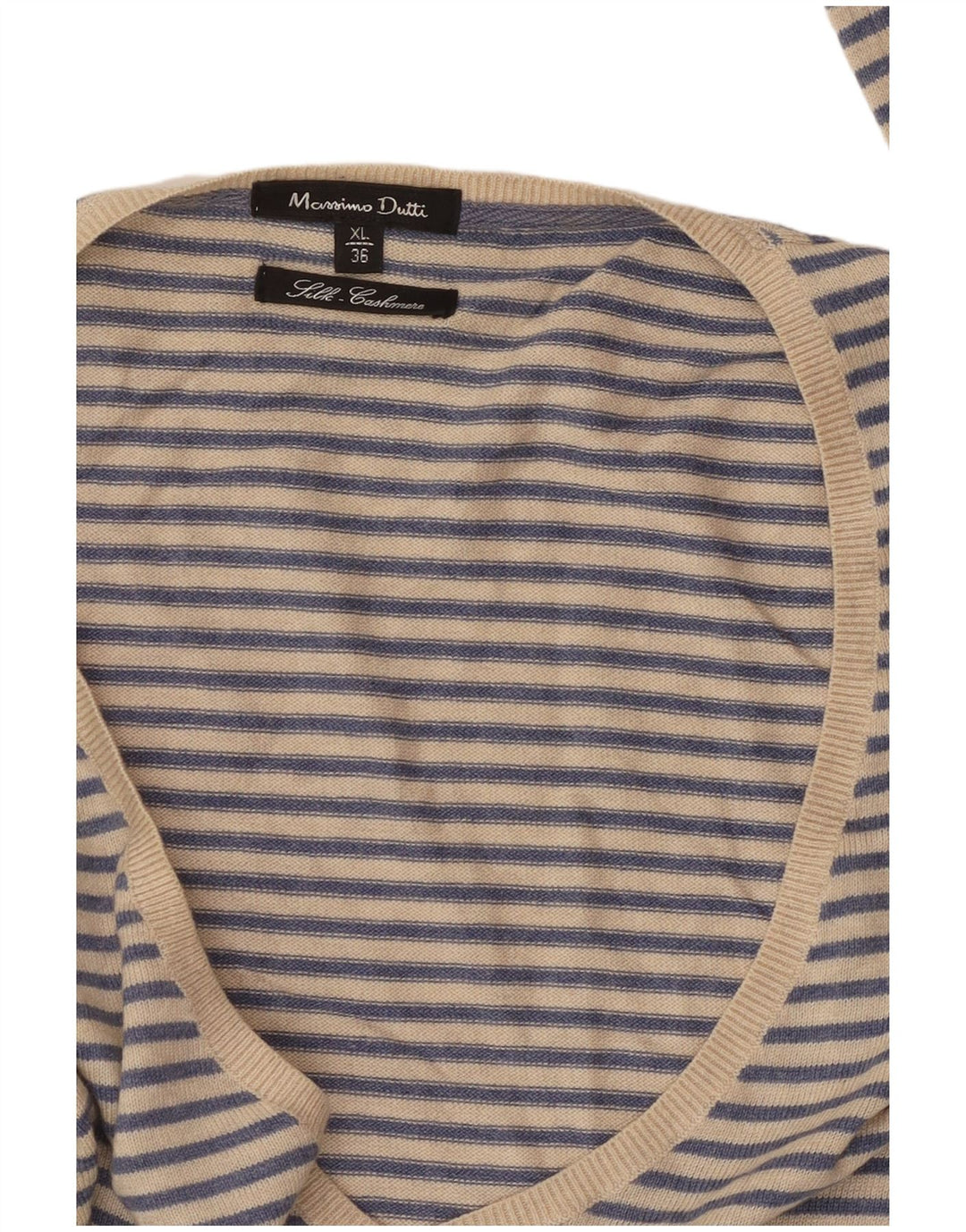 Женский джемпер с v-образным вырезом MASSIMO DUTTI UK 18 XL, кашемир в синюю полоску