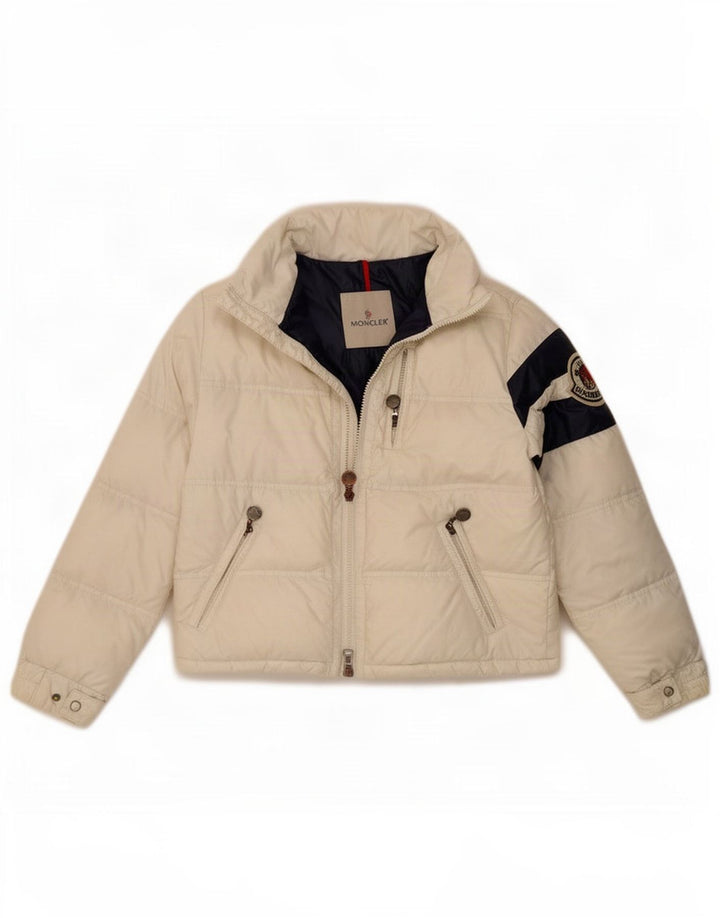 Moncler Пуховик с графическим рисунком для девочек 9–10 лет, белый полиамид с цветными блоками