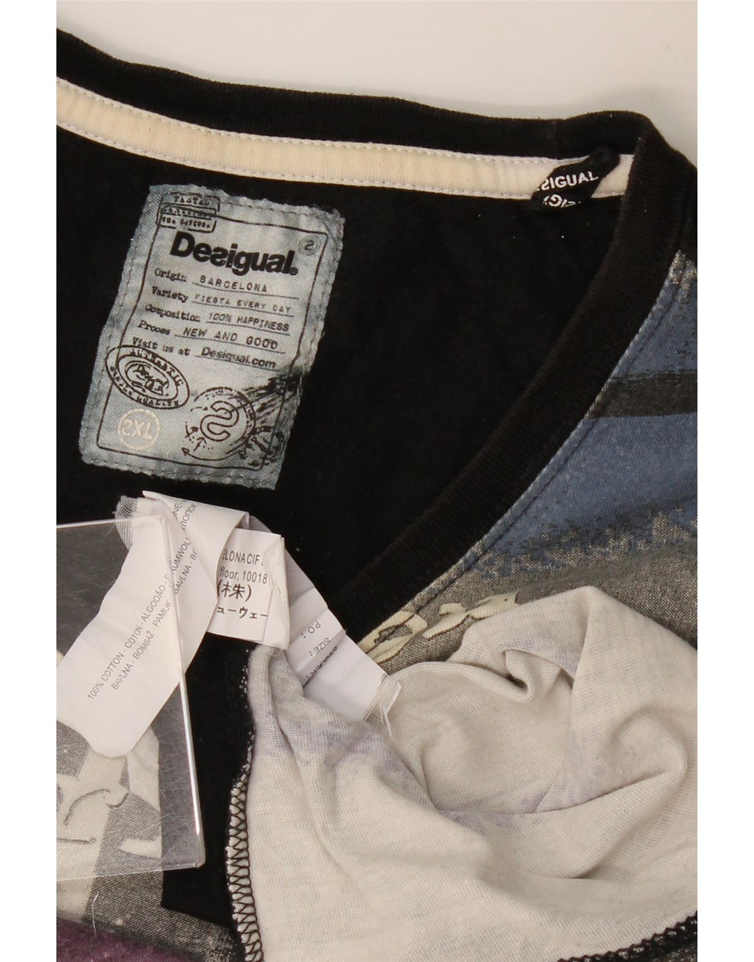 DESIGUAL Мужская футболка с рисунком Top 2XL Серый хлопок с цветными блоками