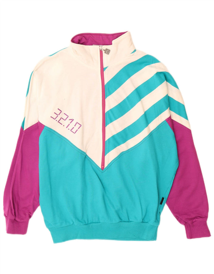 Винтажный женский джемпер с рисунком, Великобритания, 12, средний синий, цветной блок