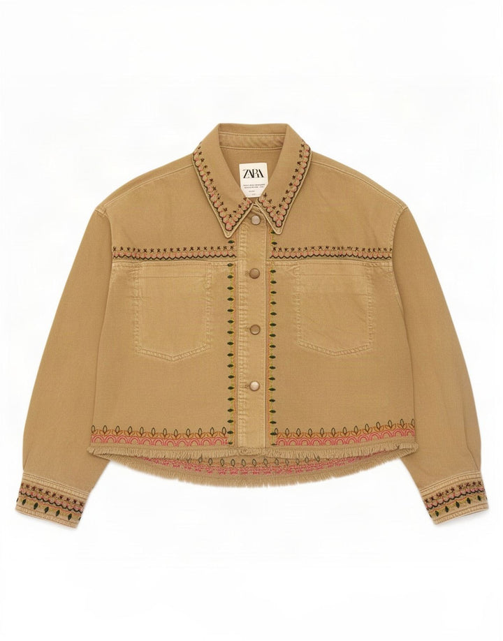 Женский бомбер оверсайз Zara UK 10, маленький размер, хлопковый бежевый с геометрическим узором