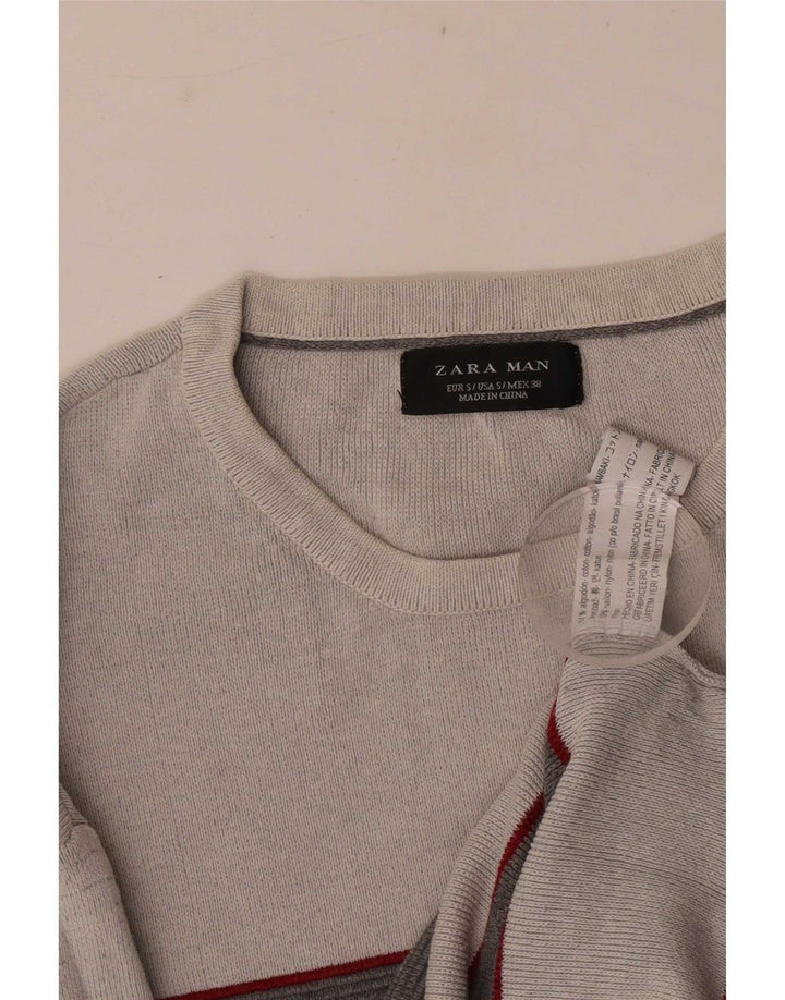 Мужской джемпер с круглым вырезом Zara, маленький серый хлопковый полосатый свитер