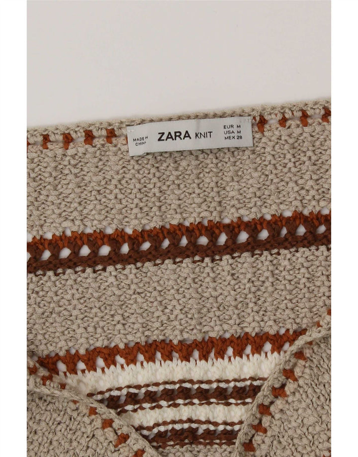 Женский вязаный укороченный топ без рукавов Zara UK 12, средний бежевый в полоску