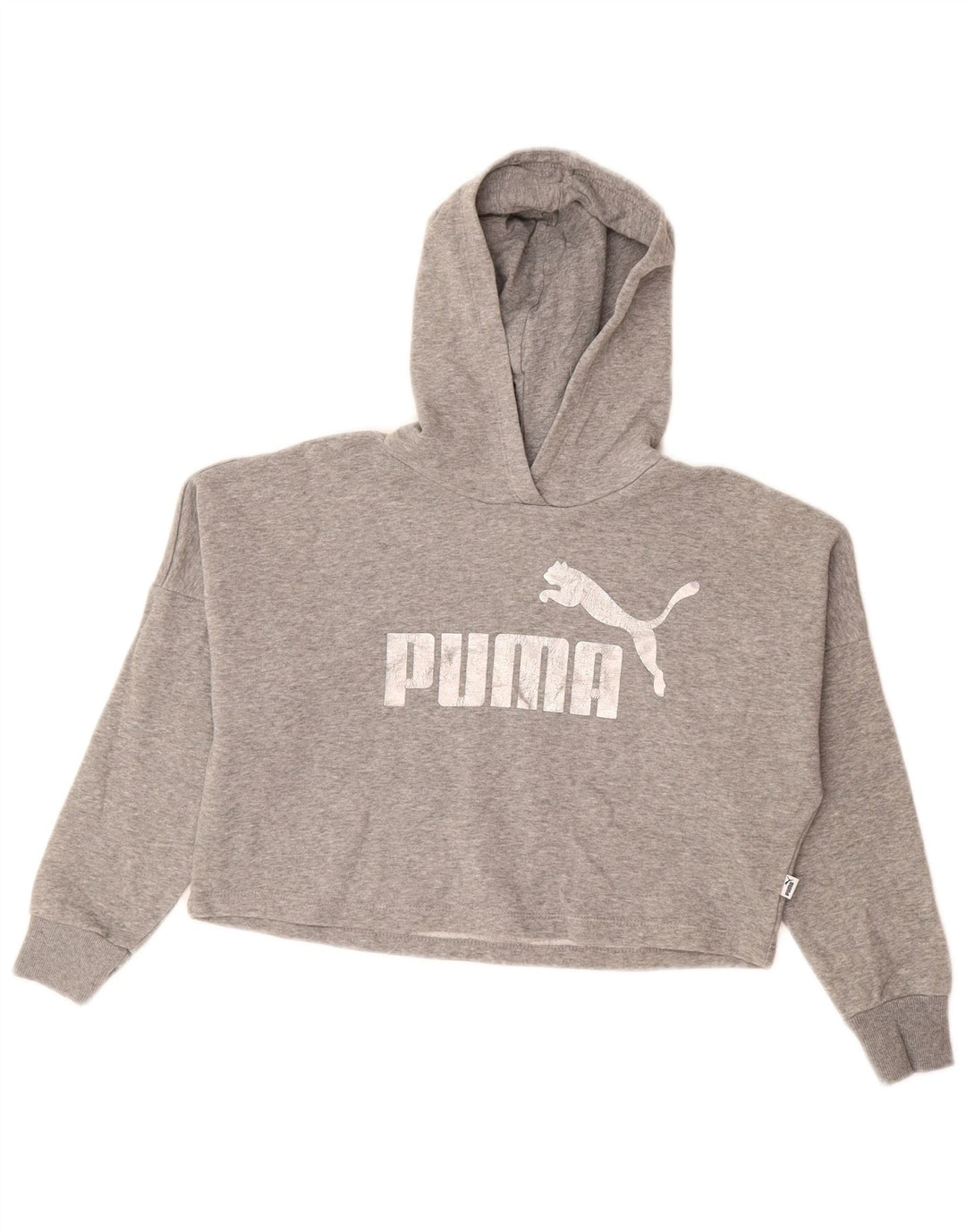 PUMA Укороченный джемпер с капюшоном и рисунком для девочек, 9–10 лет, серый хлопок