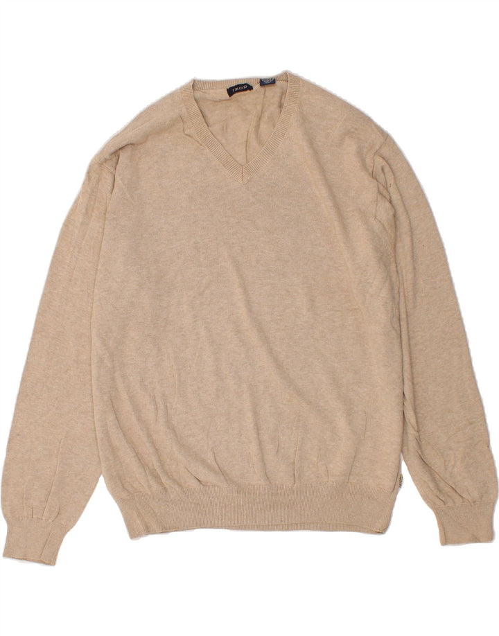 IZOD Mens V-Neck Jumper Sweater XL Beige Cotton Vintage Izod and Second-Hand Izod from Messina Hembry 