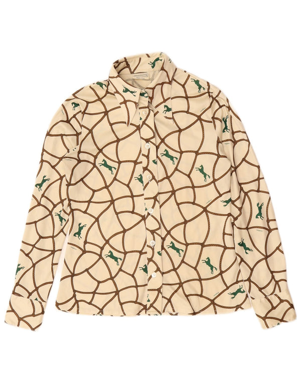 Винтажная женская блузка-рубашка UK 12, средний белый с животным принтом