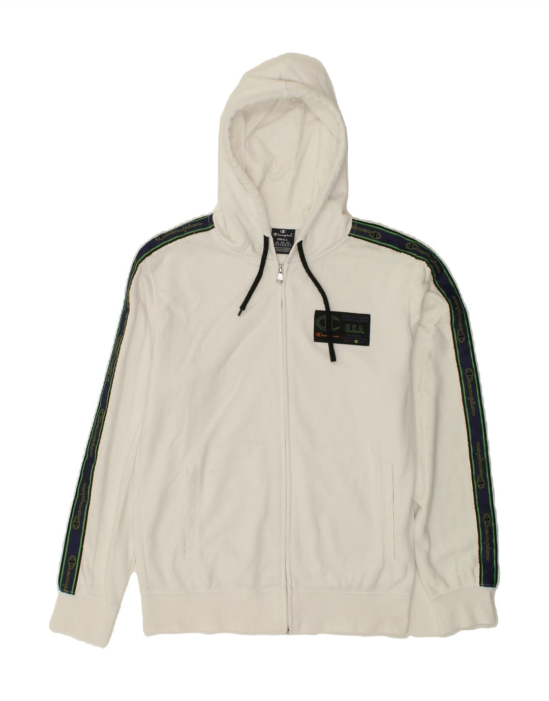 CHAMPION Mens Graphic Zip Hoodie Sweater Small White Vintage Champion and Second-Hand Champion from Messina Hembry 