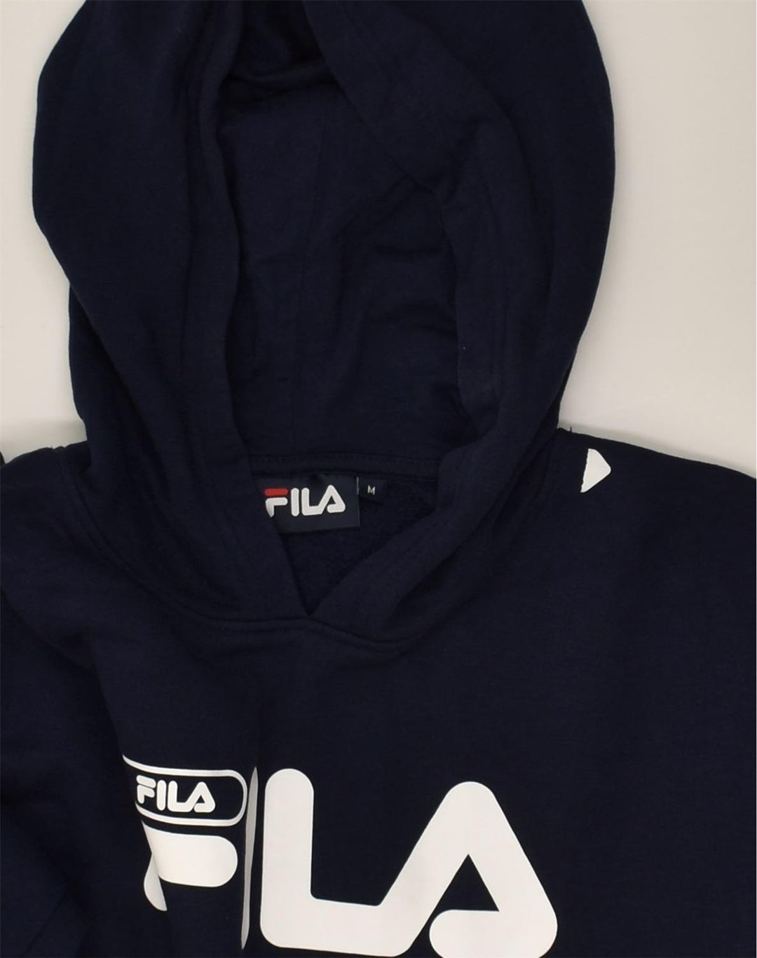 FILA Womens Graphic Hoodie Jumper UK 12 Medium Navy Blue Cotton | Vintage Fila | Thrift | Second-Hand Fila | Used Clothing | Messina Hembry 
