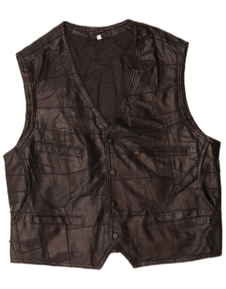 VINTAGE Mens Leather Waistcoat Large Black