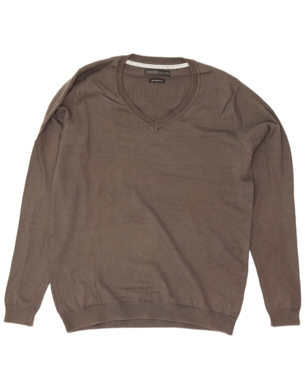 Zara Mens V-Neck Jumper Sweater Large Grey Cotton