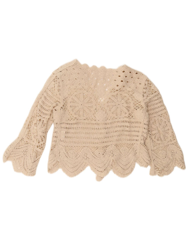 Винтажный женский укороченный кардиган с рукавом 3/4, вязаный крючком, UK 4 XS, бежевый