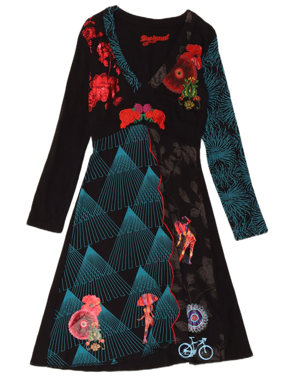 DESIGUAL Женское платье А-силуэта с длинными рукавами и графикой, Великобритания, 18 XL, черное с цветочным принтом