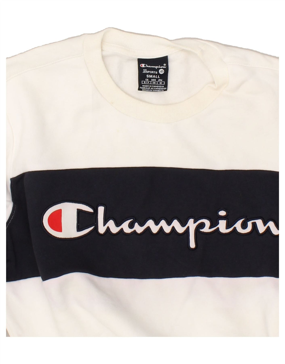 CHAMPION Mens Graphic Sweatshirt Jumper Small White Colourblock Cotton Vintage Champion and Second-Hand Champion from Messina Hembry 