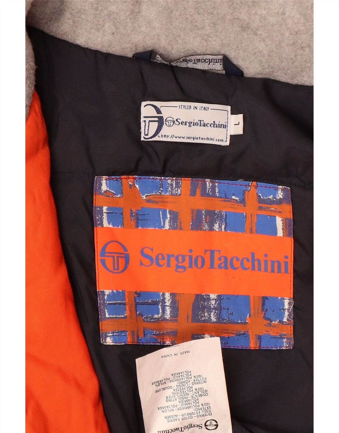 Мужская лыжная куртка Sergio Tacchini с капюшоном UK 40, большая оранжевая с цветными блоками