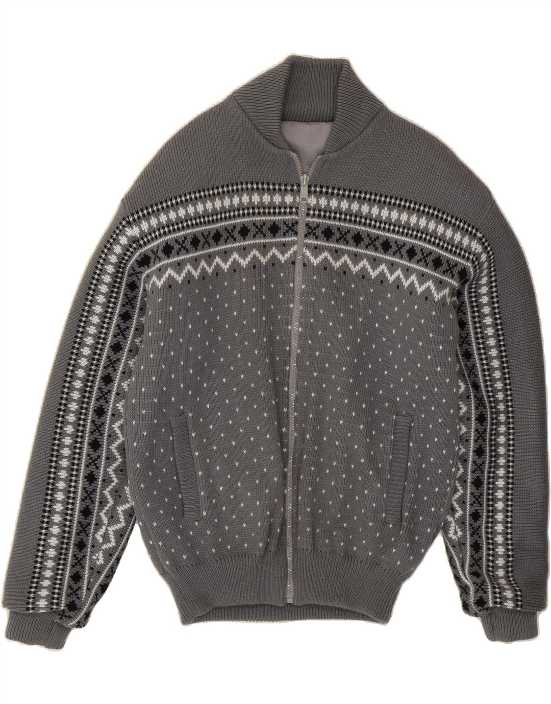 VINTAGE Mens Cardigan Sweater Medium Grey Fair Isle Polyacrylic Vintage Vintage and Second-Hand Vintage from Messina Hembry 