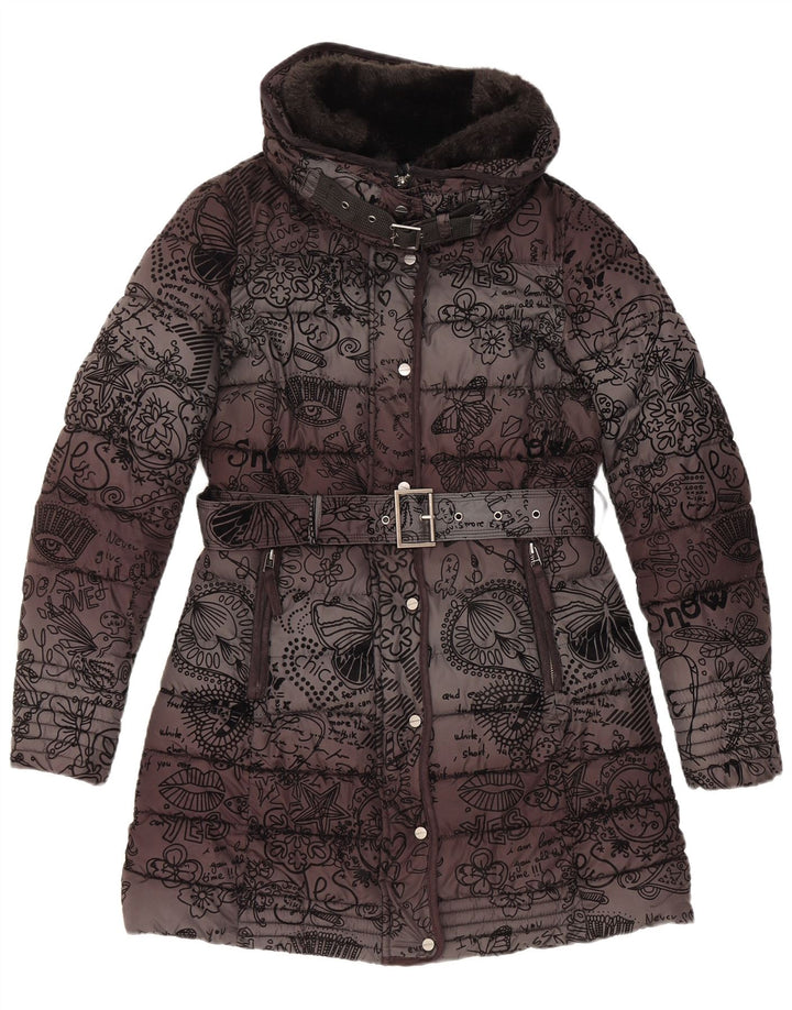 Женское стеганое пальто с капюшоном Desigual EU 38, средний черный цветочный полиэстер