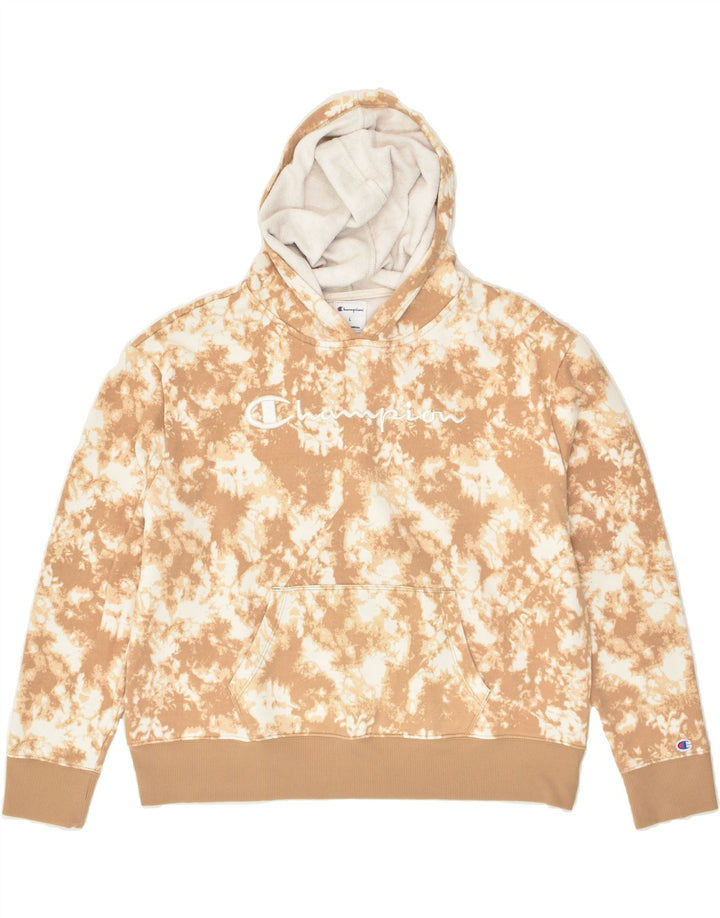 CHAMPION Womens Graphic Hoodie Jumper UK 16 Large Beige Tie Dye Cotton | Vintage Champion | Thrift | Second-Hand Champion | Used Clothing | Messina Hembry 