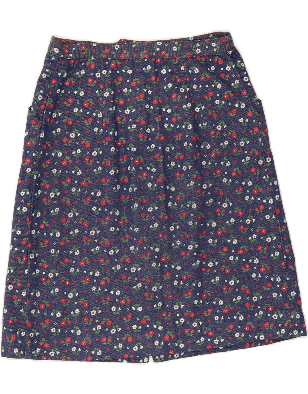 VINTAGE Womens Denim Skirt W28 Medium Navy Blue Floral Vintage Vintage and Second-Hand Vintage from Messina Hembry 