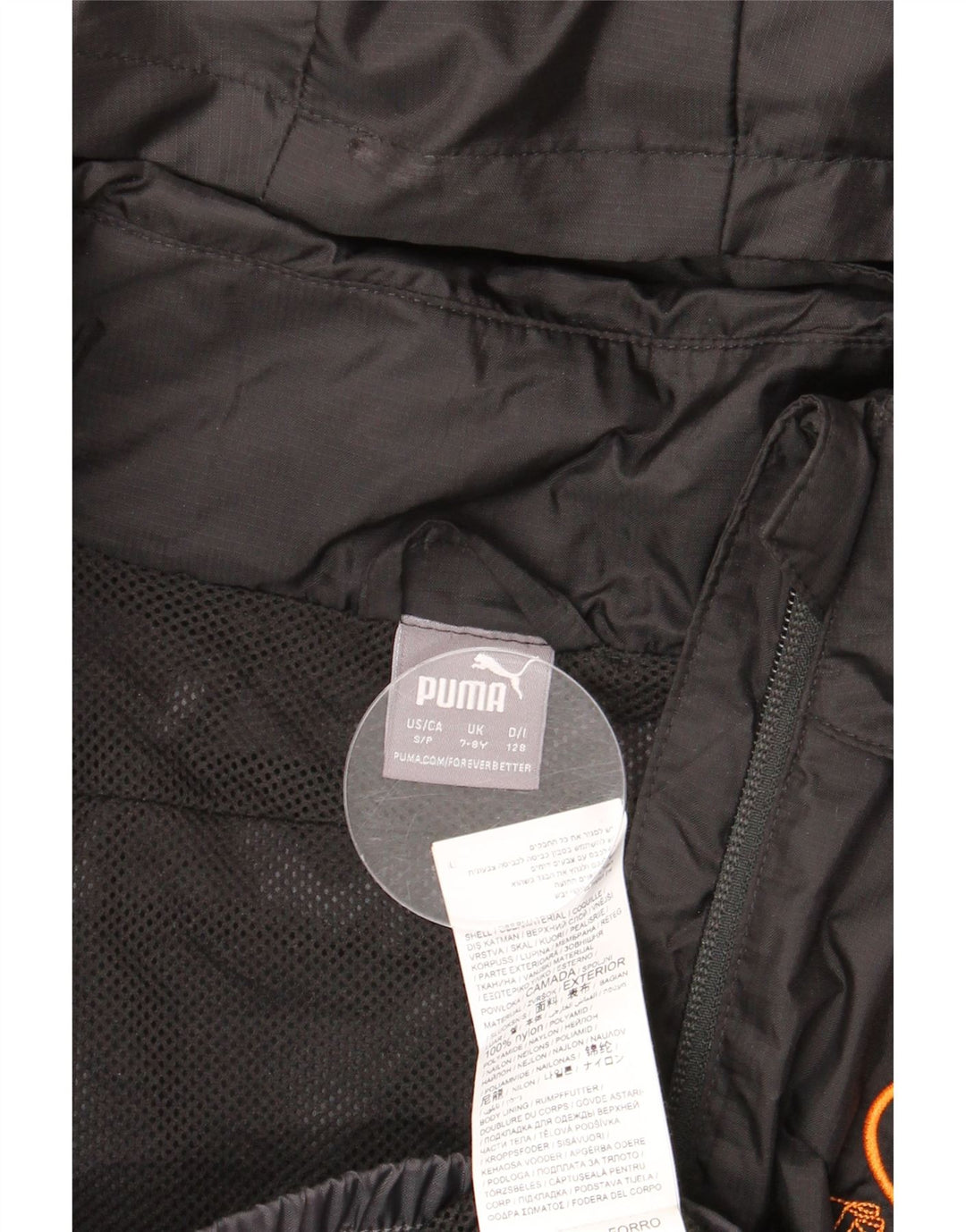 Дождевик с капюшоном и рисунком PUMA для девочек 7–8 лет, черный нейлон с цветными блоками