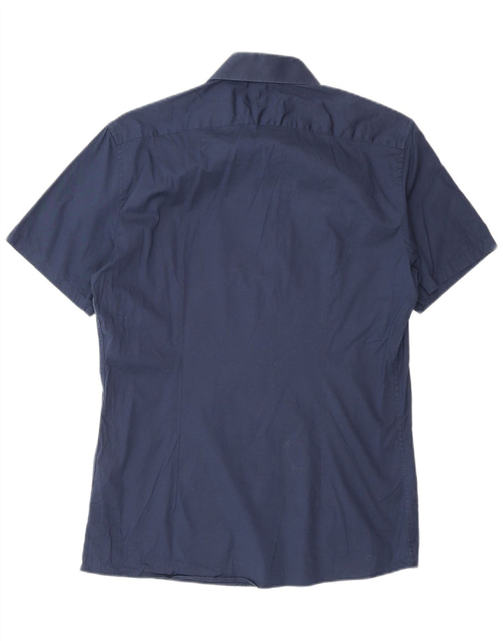 Reiss Мужская приталенная рубашка с коротким рукавом среднего размера, темно-синяя, хлопковая