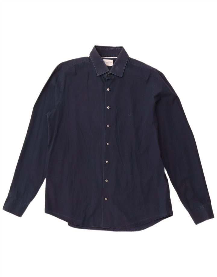 Мужская рубашка приталенного кроя CALVIN KLEIN, размер 16, 1/2, большая, темно-синяя, хлопок