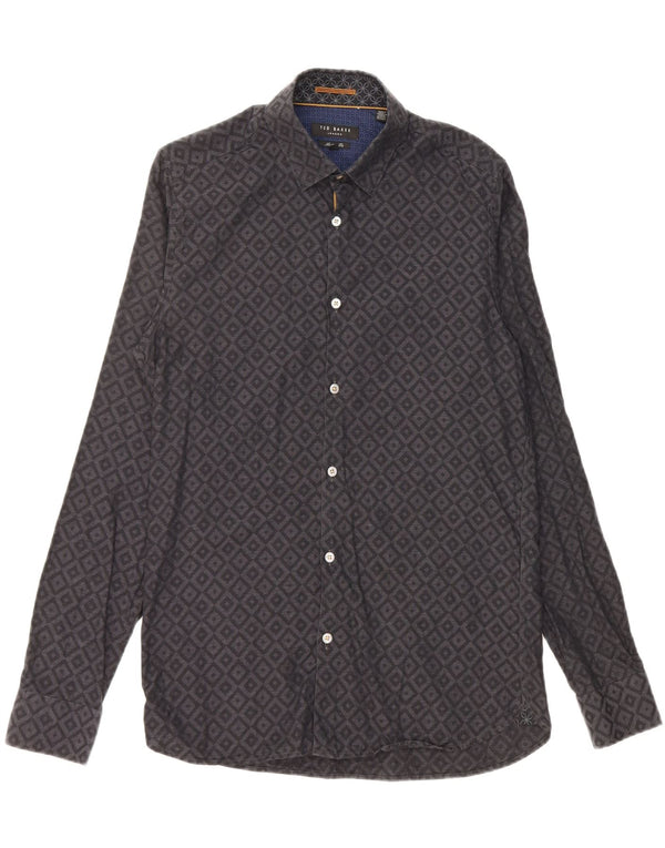TED BAKER Mens Modern Fit Shirt Size 15 1/2 Medium Black Geometric Cotton