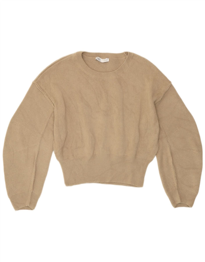 Женский джемпер свободного кроя с круглым вырезом Zara UK 14, средний бежевый полиэстер